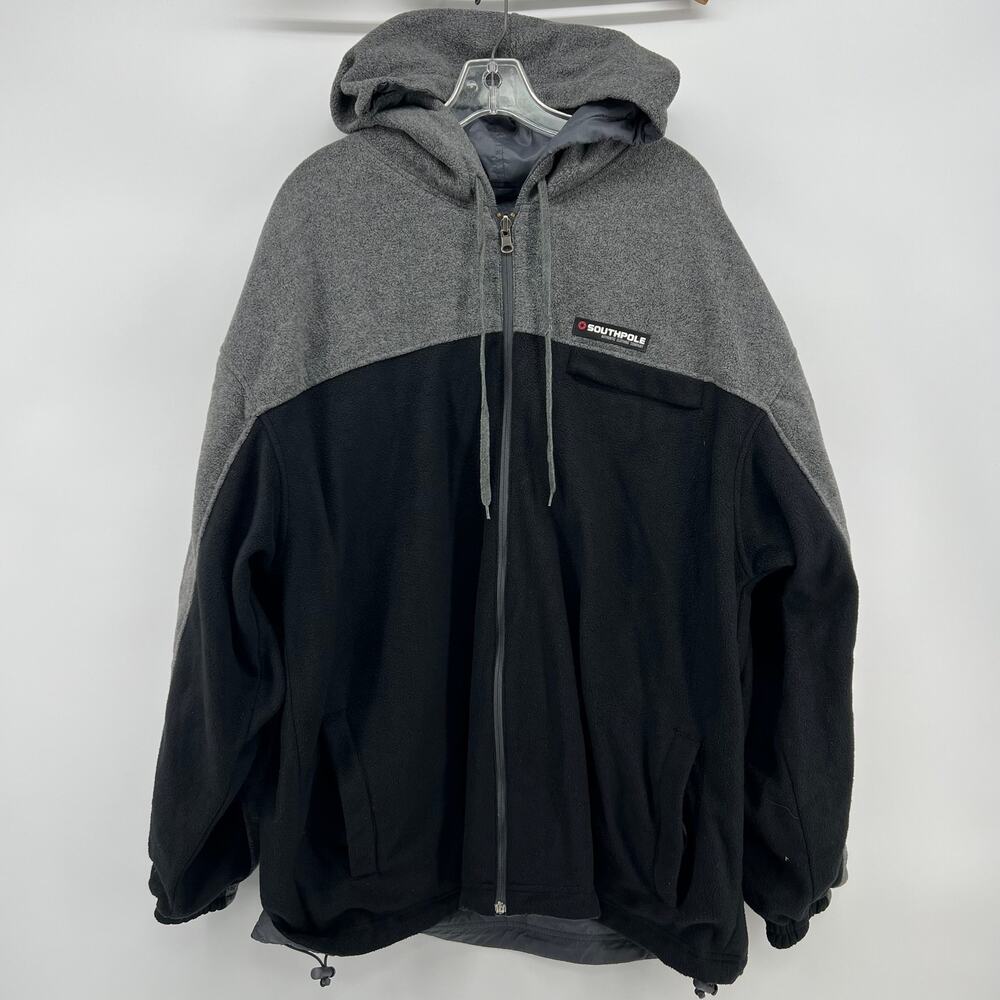 Vintage Y2K Southpole Reversible Jacket Fleece Hooded Black Gray XL Men's